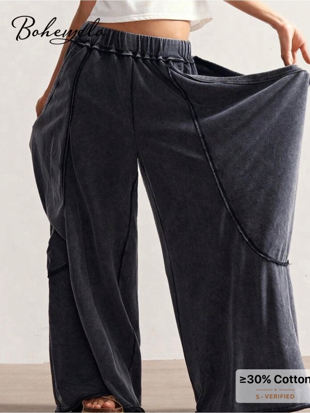 Bohemela Charcoal Wide-Leg Draped Palazzo Pants - Picture 4 of 6